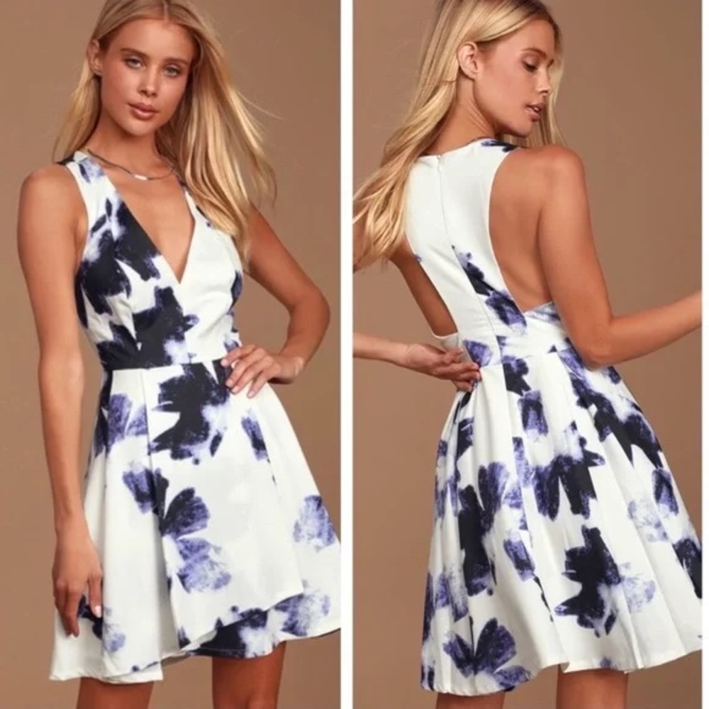 Seeing Chic Blue and Ivory Print Skater Dress